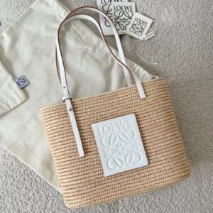 LOEWE Small Square Basket Bag in raffia and calfskin