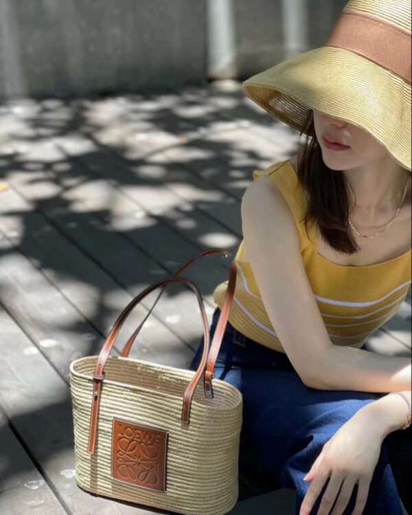 LOEWE Small Square Basket Bag in raffia and calfskin