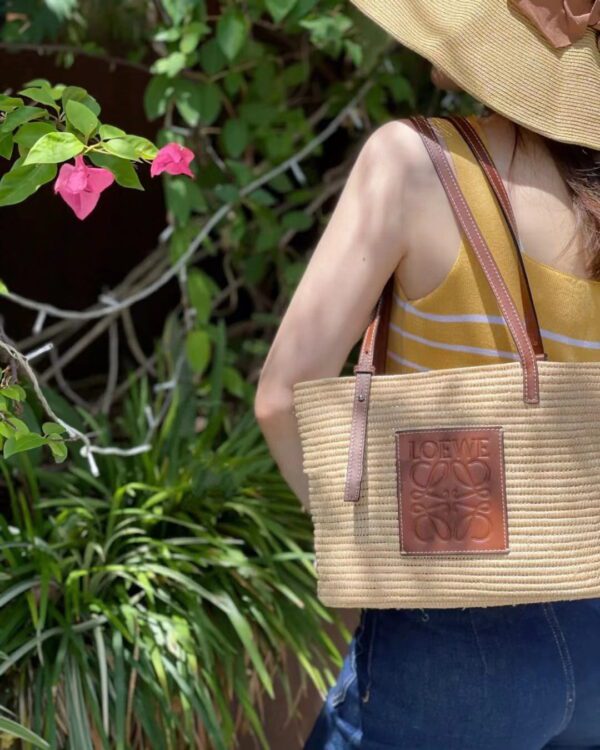 LOEWE Small Square Basket Bag in raffia and calfskin