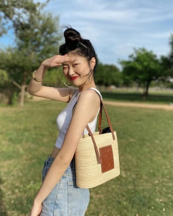 LOEWE Small Square Basket Bag in raffia and calfskin