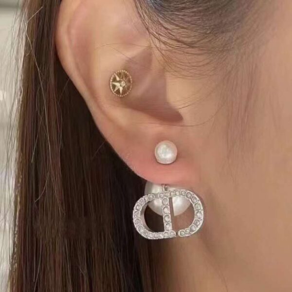 DIOR Silver rhinestone pearl stud earrings