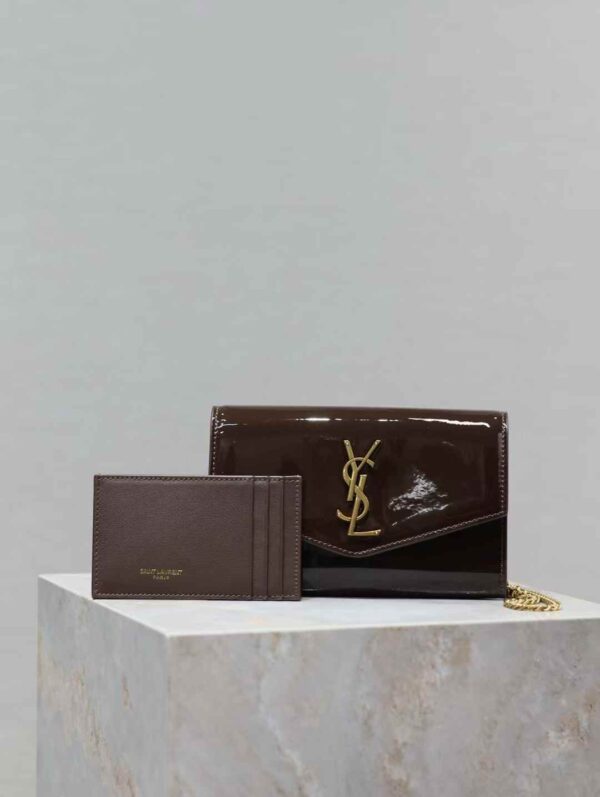 YSL uptown mini chain wallet in patent leather