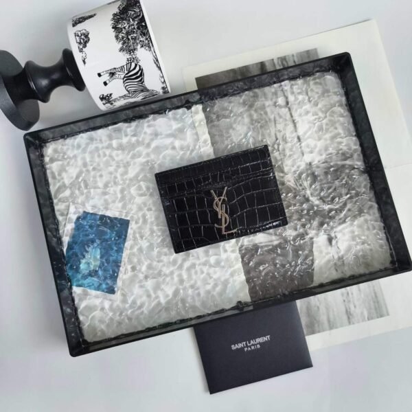 YSL CASSANDRE card case in crocodile-embossed shiny leather